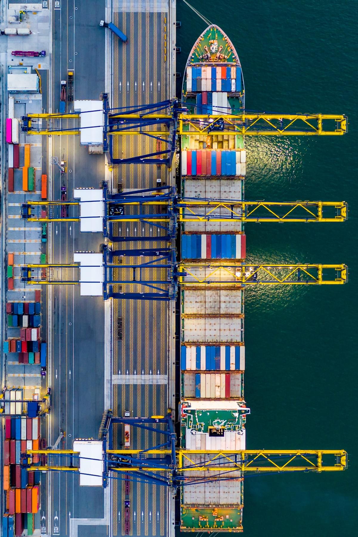 Aerial,Top,View,Container,Ship,Working,At,Night,,Global,Business